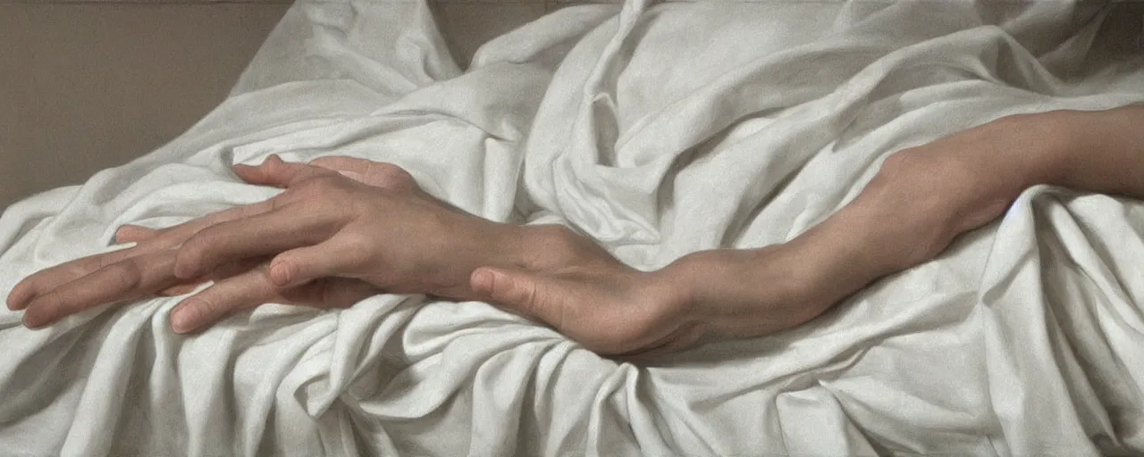Prompt: hyperrealism, hands in white sheets, in style of neoclassicism