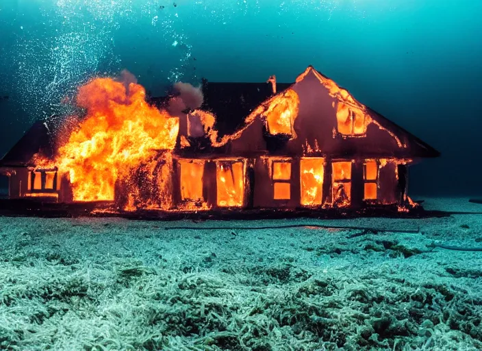 Image similar to dslr photo still of a house on fire under the water under water at the bottom of the ocean with lots of bubbles and light rays, 8 5 mm f 1. 8