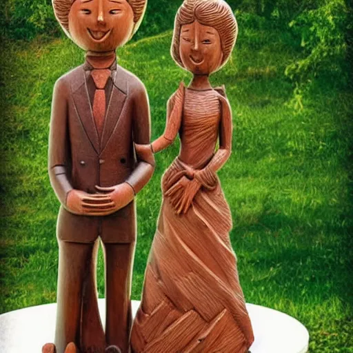 Prompt: wooden statue of a wedding :: 2d matte :: poster 1980s style