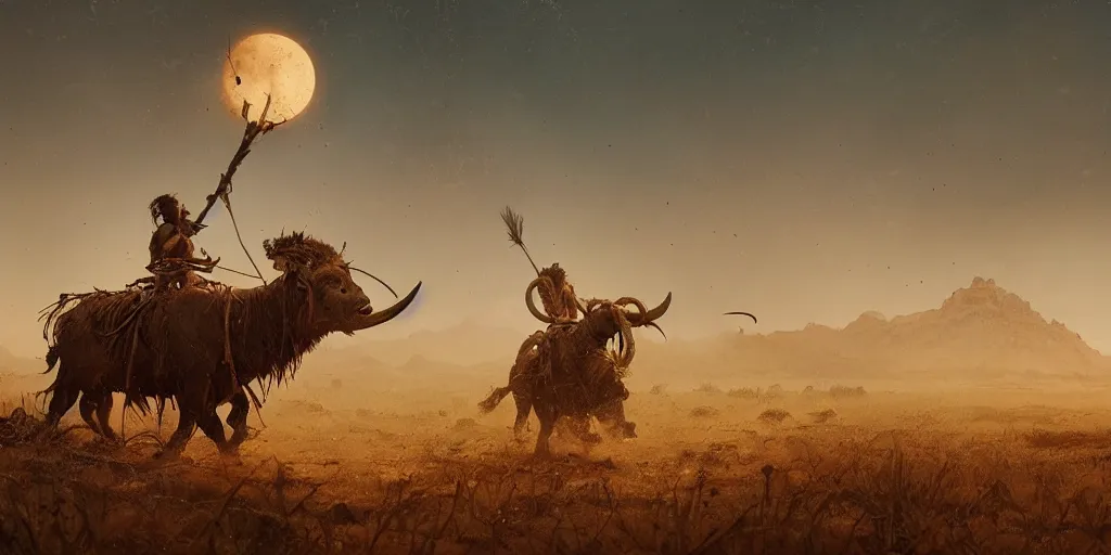 Image similar to an ancient tribesman driving an ancient motorcycle, hunting buffalo ,attacking, chase, action scene, an epic fantasy, dramatic lighting, cinematic, establishing shot, extremely high detail, photorealistic, cinematic lighting, artstation, octane render, by simon stalenhag, horizon forbidden west,old photo, vintage