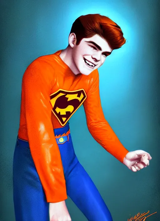 Image similar to friendly teenage archie andrews wearing an orange superhero costume with heart logo, freckles, pureheart the powerful, heart emblem on chest, blue cape, intricate, elegant, glowing lights, highly detailed, digital painting, artstation, sharp focus, illustration, art by wlop, mars ravelo and greg rutkowski