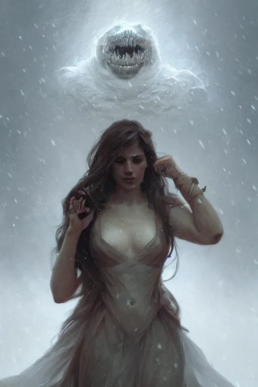 Image similar to a horrific creature pretending to be a person in a snowstorm, intricate digital painting artstation concept art smooth sharp focus illustration, art by artgerm and paul chadeisson and greg rutkowski and alphonse mucha