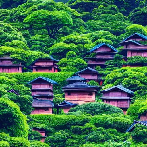 Image similar to stunning vista of lush foliage and wooden homes under dramatic sky, by studio ghibli, sharp focus vfx key shot