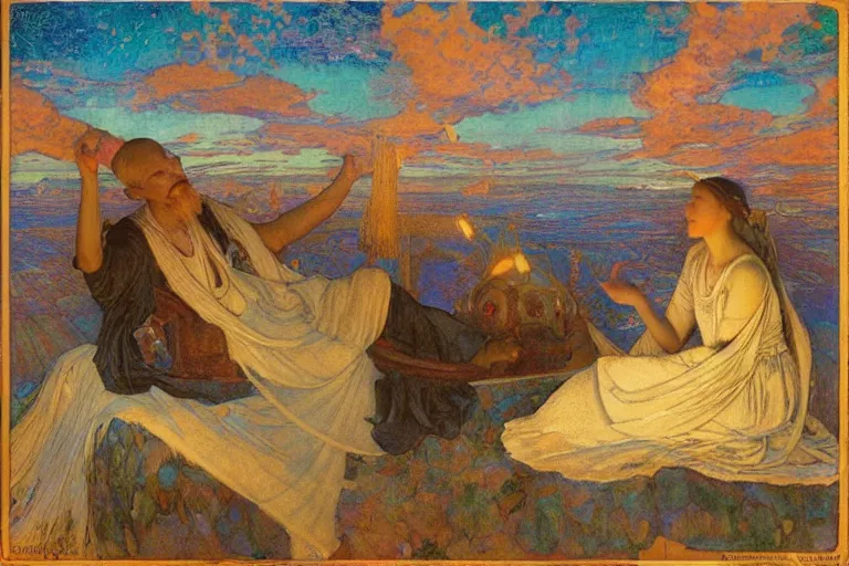 Image similar to Dreaming of the perfect Day by Annie Swynnerton and Nicholas Roerich and jean delville, glowing paper lanterns, strong dramatic cinematic lighting , ornate tiled architecture, lost civilizations, smooth, sharp focus, extremely detailed