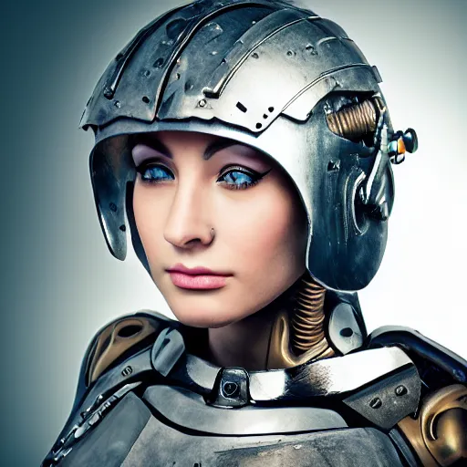 Prompt: portrait photo of a beautiful female cyborg. stone helmet.