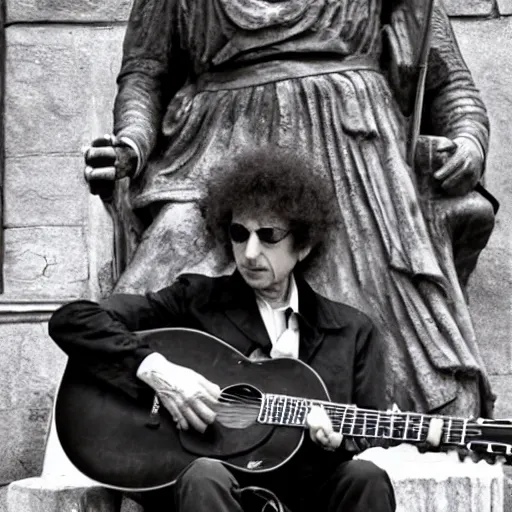 Prompt: bob dylan playing his guitar whilst sitting next to a statue of king alfred the great in wantage united kingdom, photograph