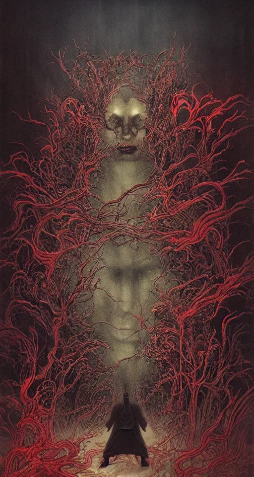 Image similar to zhongyuan festival, chinese ghost festival, king of hell, inside page of comic book, psychedelic lights and fog, in the style of zdzislaw beksinski, ayami kojima, takato yamamoto, barclay shaw, karol bak, glowing light and shadow, hyperrealist