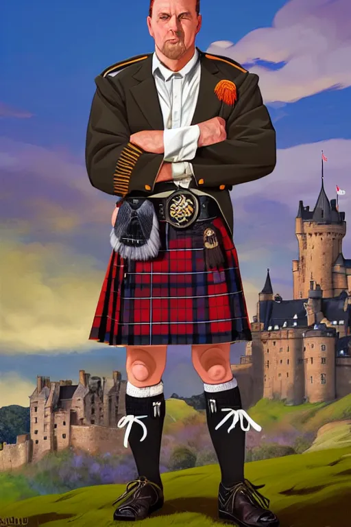 Image similar to a scottish scotland man in a kilt, centered, castle scotland background, median photoshop filter cutout vector behance, hd by artgerm, jesper ejsing, by rhads, makoto shinkai and lois van baarle, ilya kuvshinov, rossdraws, illustration, art by ilya kuvshinov and gustav klimt