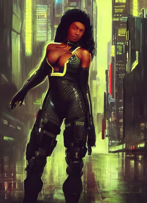 Image similar to black chun li. cyberpunk police trooper in tactical gear. plastic raincoat. rainy city. blade runner 2 0 4 9 concept painting. epic painting by james gurney, azamat khairov, and alphonso mucha. artstationhq. painting with vivid color. ( rb 6 s, cyberpunk 2 0 7 7 )