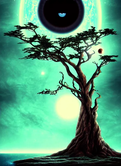 Prompt: a god tree from which planets or galaxies hang instead of futas, the tree is on top of a calm sea, in the background there is an eye whose iris coincides with the tree. fantasy art, horror, nightmare, photo realistic, dynamic lighting, artstation, poster, volumetric lighting, very detailed faces, 4 k, award winning