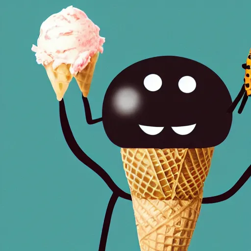 Prompt: a cute spider that is very large is holding an ice cream cone the spider is eating the ice cream cone