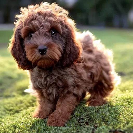 Image similar to brown cavoodle with an egg on its head