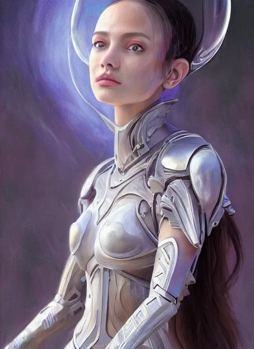 Image similar to a professional painting of a beautiful young female alien, clothed in ethereal armor, olive skin, long dark hair, beautiful bone structure, symmetrical facial features, intricate, elegant, digital painting, concept art, smooth, sharp focus, illustration, from Valerian and the City of a Thousand Planets, by Ruan Jia and Mandy Jurgens and Artgerm and William-Adolphe Bouguerea