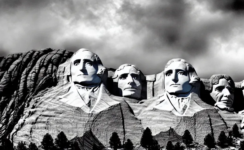 Prompt: mt. rushmore reimagined with heroic native american leaders, dramatic sky, epic environment and background, cinematic