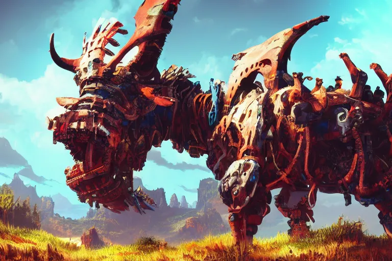 Image similar to grimhorn fanghorn machine mecanical creature robot of horizon forbidden west horizon zero dawn bioluminiscence global illumination ray tracing hdr fanart arstation by ian pesty and alena aenami artworks in 4 k