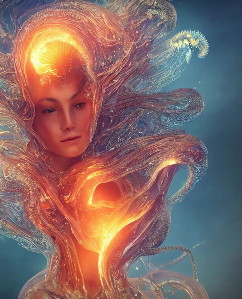 Image similar to close-up macro portrait of the face of a beautiful princess, epic angle and pose, symmetrical artwork, 3d with depth of field, blurred background, cybernetic jellyfish female face skull phoenix bird, translucent, nautilus, energy flows of water and fire. a highly detailed epic cinematic concept art CG render. made in Maya, Blender and Photoshop, octane render, excellent composition, cinematic dystopian brutalist atmosphere, dynamic dramatic cinematic lighting, aesthetic, very inspirational, arthouse. y Greg Rutkowski, Ilya Kuvshinov, WLOP, Stanley Artgerm Lau, Ruan Jia and Fenghua Zhong