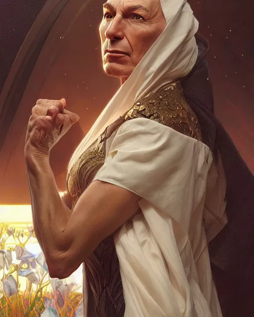 Image similar to Portrait of Jean Luc Picard marrying Jodie Marsh, real life skin, intricate, elegant, highly detailed, artstation, concept art, smooth, sharp focus, art by artgerm and greg rutkowski and alphonse mucha