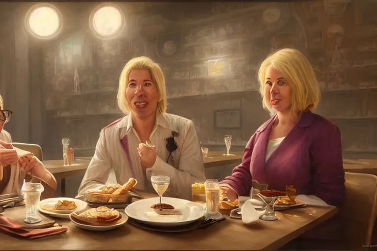 Image similar to portait of michael mcintyre and middle aged blonde woman with short hair and a blonde woman with long hair having dessert at sunday in brooklyn restaurant, anatomy, bathed in light, highly detailed, photorealistic, artstation, smooth, sharp focus, illustration, unreal engine 5, 8 k, art by artgerm and greg rutkowski and edgar maxence