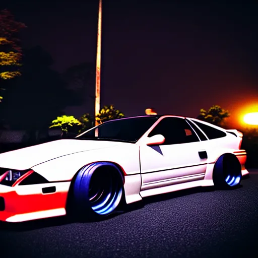 Image similar to a car 300ZX turbo drift at illegal car meet, Chiba prefecture, city midnight mist lights, cinematic lighting, photorealistic, highly detailed wheels, high detail