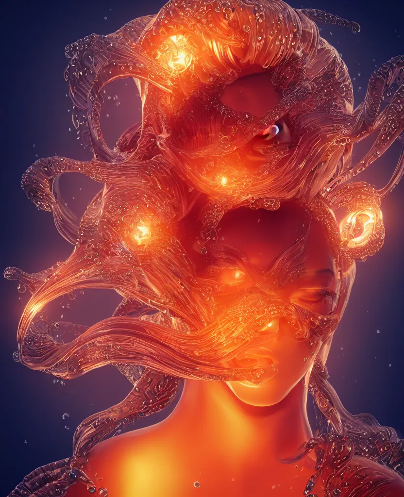 Image similar to close-up macro portrait of the face of a beautiful princess, epic angle and pose, symmetrical artwork, 3d with depth of field, blurred background, cybernetic jellyfish female face skull phoenix bird, translucent, nautilus, energy flows of water and fire. a highly detailed epic cinematic concept art CG render. made in Maya, Blender and Photoshop, octane render, excellent composition, cinematic dystopian brutalist atmosphere, dynamic dramatic cinematic lighting, aesthetic, very inspirational, arthouse. y Greg Rutkowski, Ilya Kuvshinov, WLOP, Stanley Artgerm Lau, Ruan Jia and Fenghua Zhong