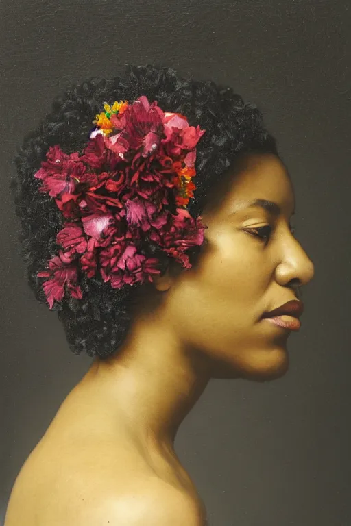 Image similar to an African American woman's face in profile, long dark hair, made of flowers and fruit, in the style of the Dutch masters and Gregory crewdson, dark and moody