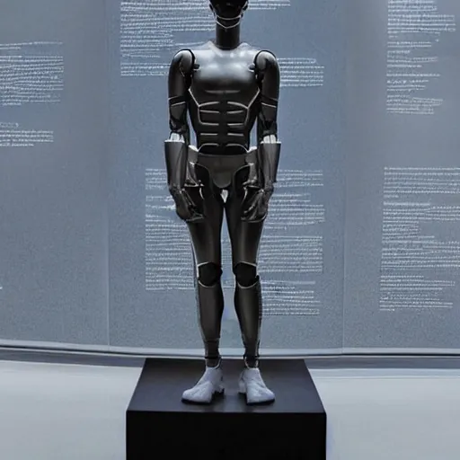 Image similar to “a realistic detailed photo of a guy who is an attractive humanoid who is half robot and half humanoid, who is a male android, actor Grant Gustin, shiny skin, posing like a statue, blank stare, at the museum, on display”