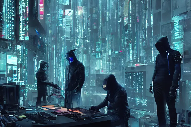 Image similar to cyberpunk hackers in high tech compound by Emmanuel Lubezki