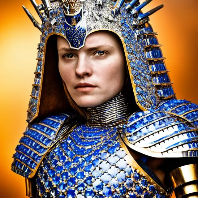 Image similar to full length photo of a beautiful warrior queen wearing sapphire encrusted armour, highly detailed, 8 k, hdr, smooth, sharp focus, high resolution, award - winning photo