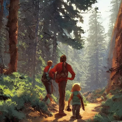 Image similar to Hiking in the pines. by Craig mullins, Steve Purcell, Ralph McQuarrie. Trending on artstation. Centered image, no background