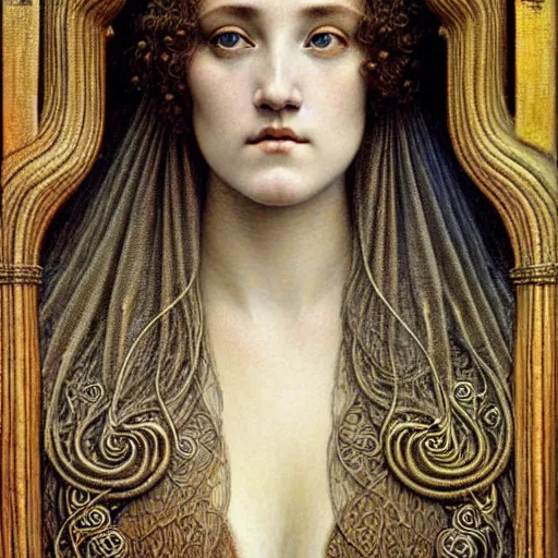 Image similar to detailed realistic beautiful young medieval queen face portrait by jean delville, gustave dore, ernst haeckel and marco mazzoni, art nouveau, symbolist, visionary, gothic, pre - raphaelite