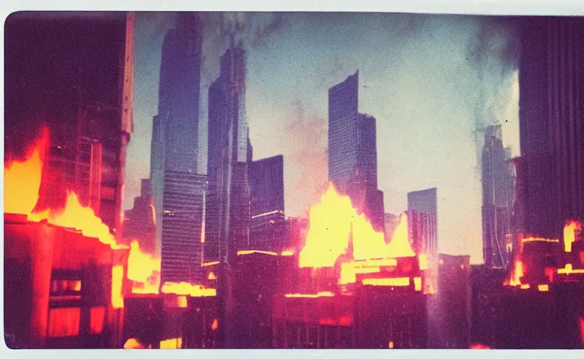 Prompt: analog polaroid of skyscrapers on fire, neon lights, gritty