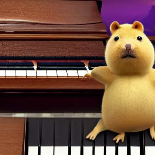 Image similar to Capybara playing on piano at the stage, made by Pixar studio, music cover art,