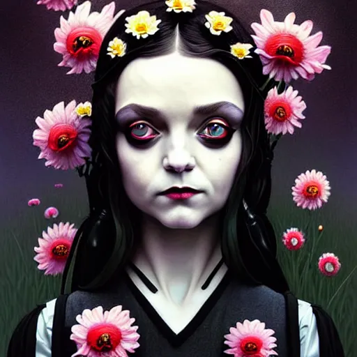 Prompt: a beautiful portrait painting of a ( gothic ) wednesday addams covered with flowers by simon stalenhag and pascal blanche and alphonse mucha!! and nekro!! and josan gonzalez in style of digital art. smooth illustration, film noirs, brush stroke, trichromatic colors, hyper detailed. octane render. trending on artstation