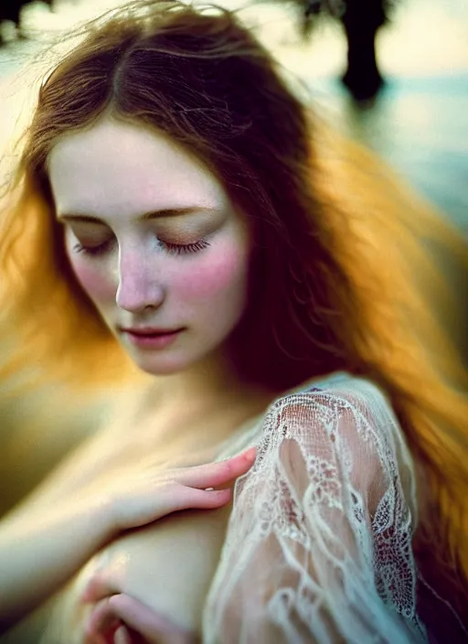 Image similar to Kodak Portra 400, 8K, soft light, volumetric lighting, highly detailed, sharp focus,britt marling style 3/4, Close-up portrait photography of a beautiful woman how pre-Raphaelites a woman with her eyes closed is surrounded by water , face is surrounded by fish, she has a beautiful lace dress and hair are intricate with highly detailed realistic beautiful flowers , Realistic, Refined, Highly Detailed, natural outdoor soft pastel lighting colors scheme, outdoor fine art photography, Hyper realistic, photo realistic