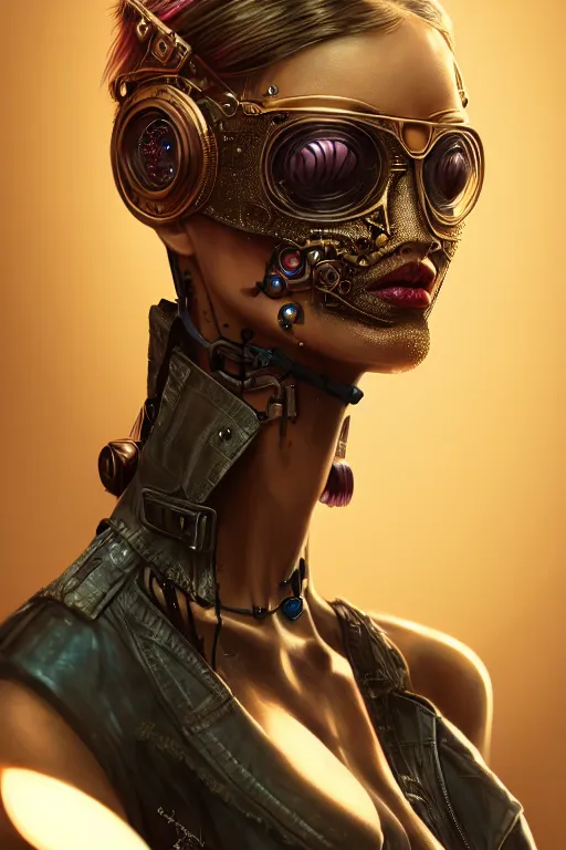 Image similar to soft lustrous seductive raver gutter punk steampunk cyborg, golden ratio, details, scifi, fantasy, cyberpunk, intricate, decadent, highly detailed, digital painting, octane render, artstation, concept art, smooth, sharp focus, illustration, art by artgerm, loish, wlop