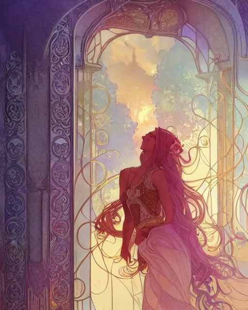 Image similar to secret romance, highly detailed,, art nouveau, gold filigree, romantic storybook fantasy, soft cinematic lighting, award, disney concept art watercolor illustration by mandy jurgens and alphonse mucha and alena aenami, pastel color palette, featured on artstation