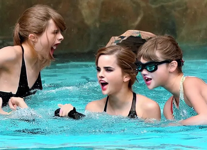 Image similar to emma watson and taylor swift and selena gomez swim together. perfect faces.