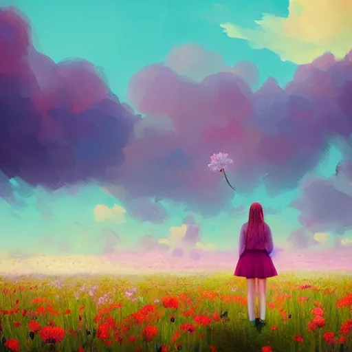 Image similar to girl with a flower face, surreal photography, bizzare, dreamlike, standing in flower field, in a valley, sunrise dramatic light, impressionist painting, colorful clouds, artstation, simon stalenhag