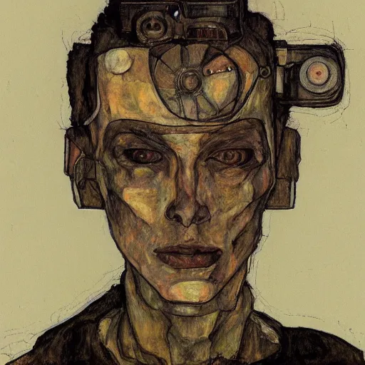 Image similar to portrait of a robot by egon schiele in the style of greg rutkowski