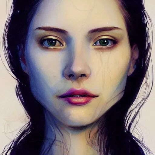 Prompt: facial portrait of a young pretty woman in flowing dress, arrogant, mysterious, long fine flowing hair, delicate, looking at camera, slightly awkward smile, realistic face, no hands visible, intricate, stylish, elegant, grimdark fantasy, vibrant, extremely detailed painting by Greg Rutkowski and Steve Henderson and Harumi Hironaka