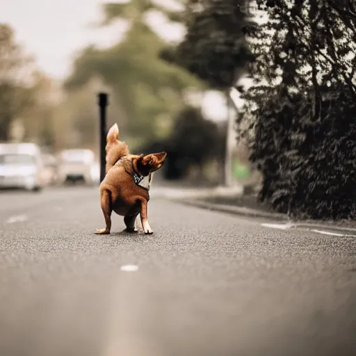 Image similar to a dog doing a hand stand in the middle of a busy road, realistic, 35mm photograph