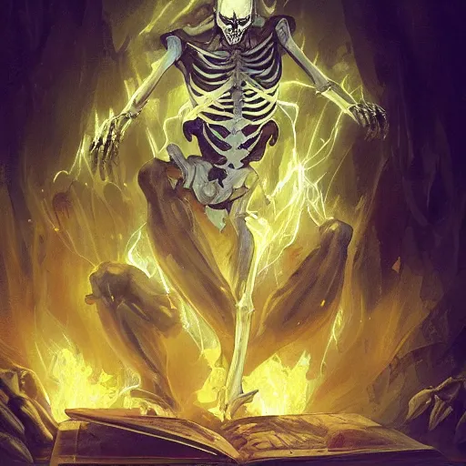 Prompt: skeleton glowing in white yellow light spell scroll art by artgerm and greg rutkowski and Craig Mullins, James Jean, Andrey Ryabovichev, Mark Simonetti and Peter Morbacher 16k