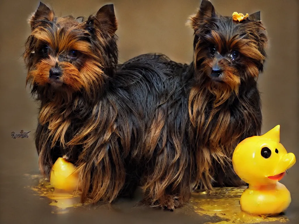 Image similar to portrait of a black and caramel Yorkshire Terrier, playing with a yellow rubber duck, D&D, fantasy, highly detailed, digital painting, artstation, concept art, smooth, sharp focus, illustration, art by artgerm and greg rutkowski and alphonse mucha