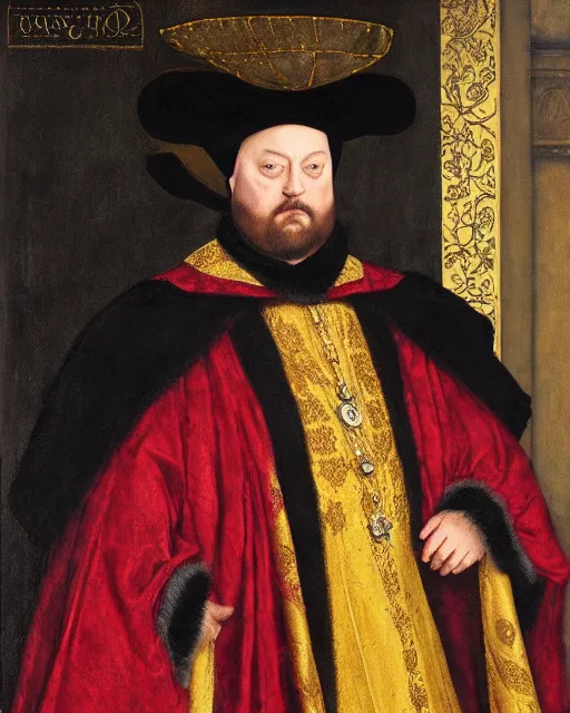 Image similar to fat dark gray cat with yellow eyes dressed like henry viii, tudor period robes in scarlet gold black, tudor bonnet, luxurious, opulent, regal, royal portrait, hans holbein the younger, greg rutkowski