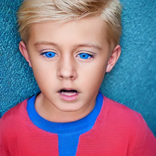 Prompt: photo of a blonde boy with blue eyes, extremely detailed facial features, realistic