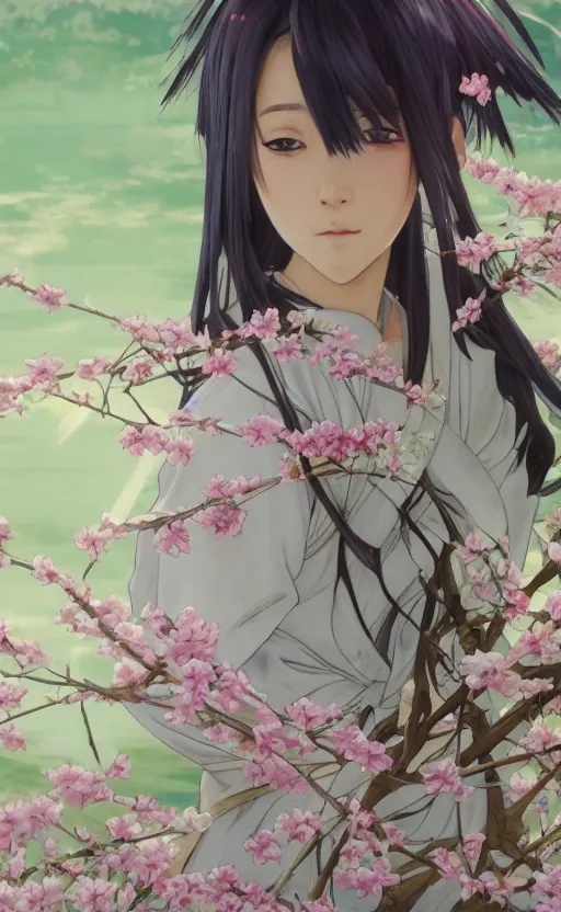 Image similar to front portrait of a girl walking, sakura tree in background, yukata clothing, battlefield in background, anime style, short hair, hair down, symmetrical facial features, from arknights, hyper realistic, 4 k, extreme detail, detailed drawing, trending artstation, realistic lighting, by alphonse mucha, greg rutkowski, sharp focus, backlit