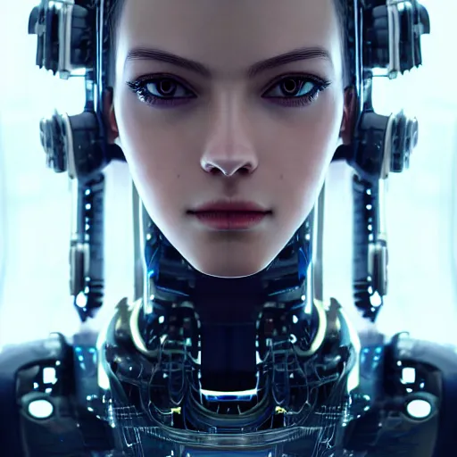 Image similar to centered portrait of an ultra detailed Mechanical Cyberpunk Female Android, looking into the camera!!, intricate, elegant, super highly detailed, professional digital painting, artstation, concept art, smooth, sharp focus, no blur, no dof, extreme illustration, Unreal Engine 5, Photorealism, 8k, cinematic, art by artgerm and greg rutkowski and alphonse mucha and loish and WLOP