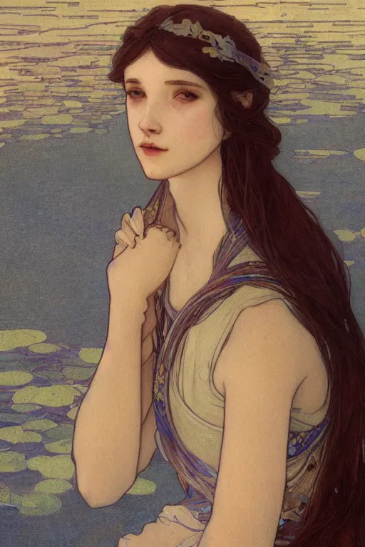 Image similar to A girl with long hair sitting by the river at night by mucha and Krenz Cushart ,gloomy,geometric shapes, hard edges,blue theme