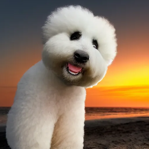 Image similar to a closeup photorealistic photograph of panda themed white bichon frise smiling on the beach at sunset. This 4K HD image is Trending on Artstation, featured on Behance, well-rendered, extra crisp, features intricate detail and the style of Unreal Engine.