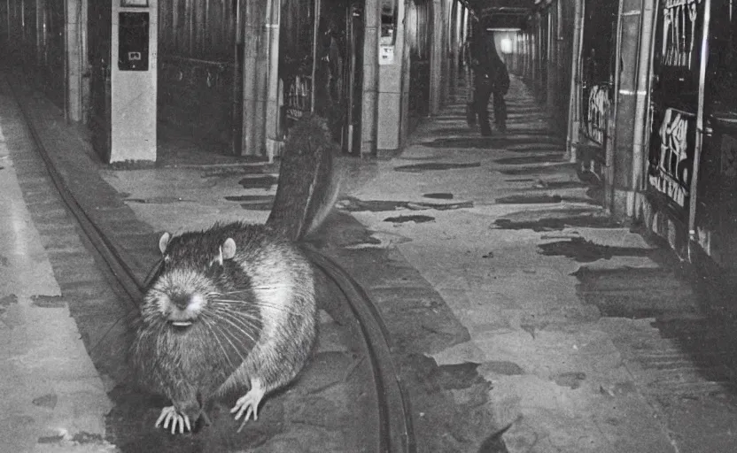 Image similar to old photo from 1 9 6 5. very large giant mutant zombie rat on railways in tonnel of moscow metro. extreme high detail. low dark light, scary atmosphere